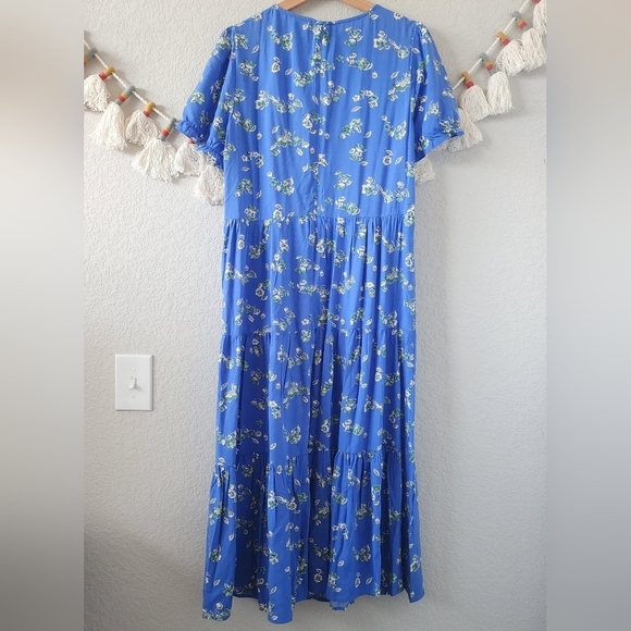 J. Crew Blue Floral Puff Sleeve Tiered Midi Dress Boho Peasant Flowy Beachy L - Picture 2 of 13